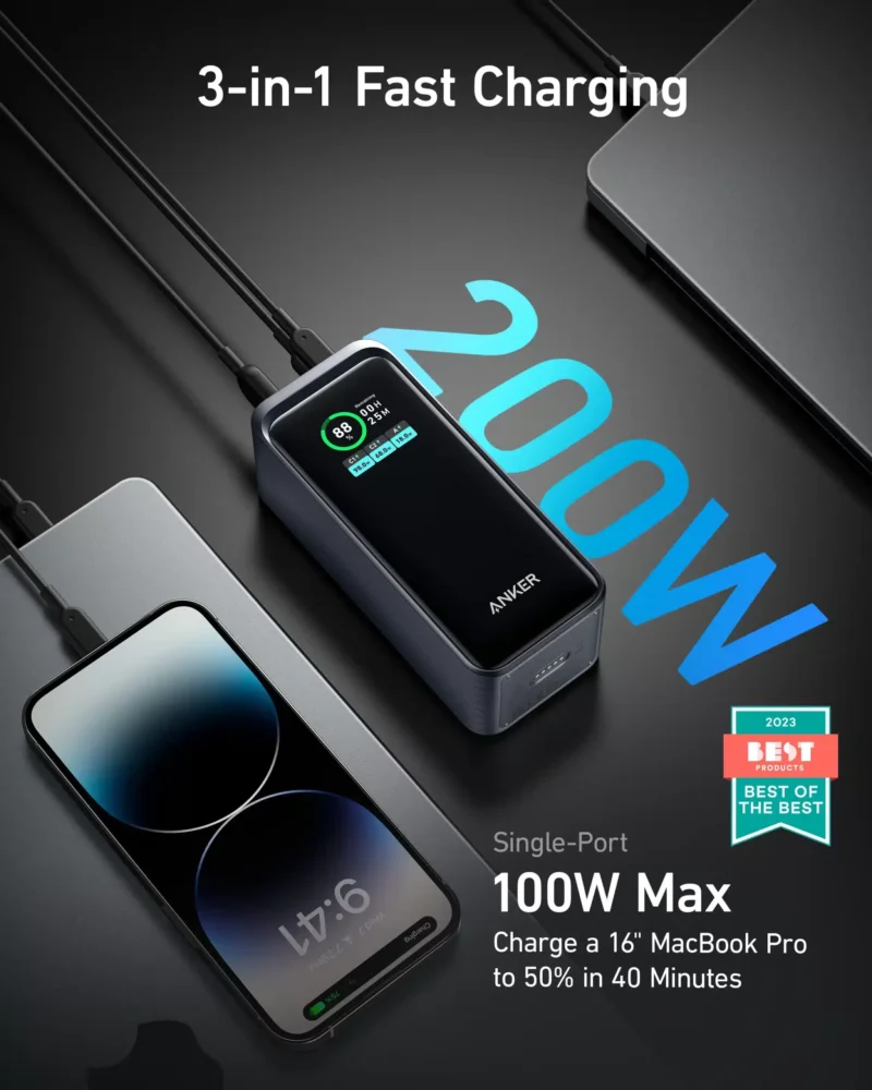 Anker Prime Power Bank A133601, 20,000mAh Portable Charger with 200W Output, Smart Digital Display, 2 USB-C and 1 USB-A Port Compatible with iPhone 15/14 Series, Samsung, Dell, and More - Image 2