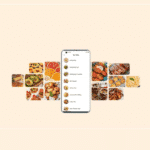 Smartphone screen displaying recipes for the Xiaomi Smart Air Fryer, surrounded by images of various dishes like fries, chicken wings, and vegetables