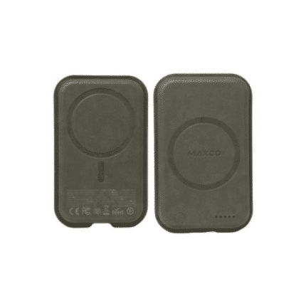 Front and back view of a MAXCO magnetic power bank in a matte black finish, showing its circular MagSafe-compatible design and LED indicator lights