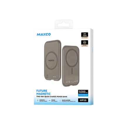 MAXCO 'Future Magnetic' power bank packaging. The box displays the 5000mAh power bank with a MagSafe-compatible design, 15W fast charging, and two-way quick charge capability. Key features such as magnetic alignment and USB-C port are highlighted