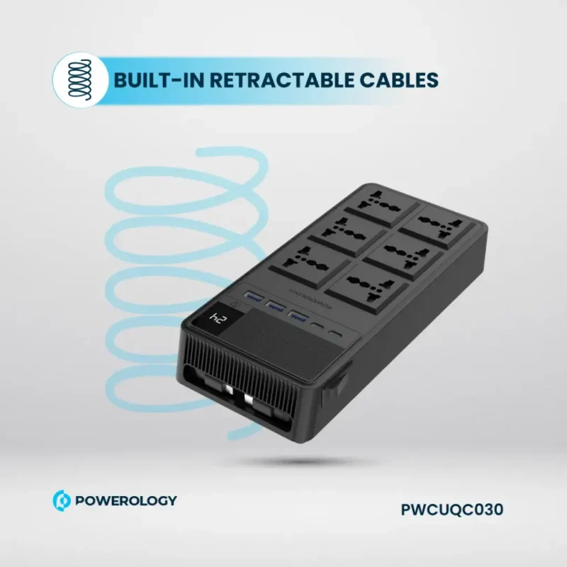 Powerology 2500W 6 AC Power Strip with Built-In Retractable Cables - Black - Image 14