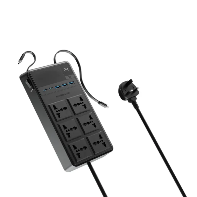 Powerology 2500W 6 AC Power Strip with Built-In Retractable Cables - Black - Image 2
